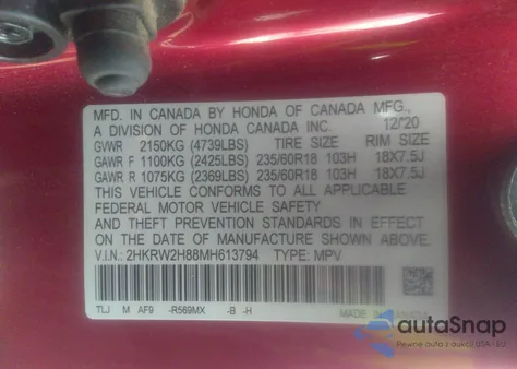 2021 Honda Cr-V Awd Ex-L z USA, uszkodzony, nr VIN 2HKRW2H88MH613794